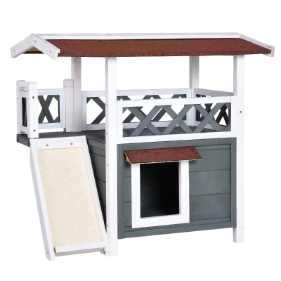 PawHut 2-Story Solid Wood Cat House Condo Shelter with Sisal Ramp, Weatherproof for Indoor/Outdoor Use - Grey and White