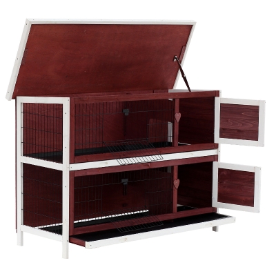PawHut 54" 2-Story Weatherproof Stackable Elevated Wooden Rabbit Hutch with Enclosed Run and Pull-Out Trays