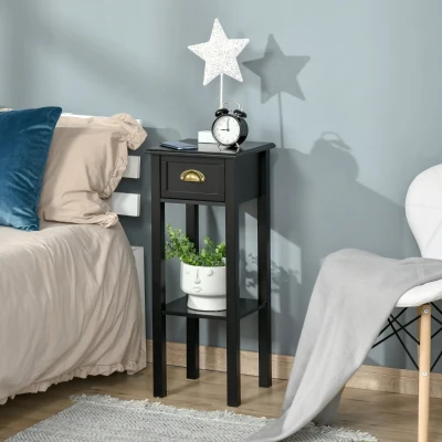 HOMCOM 2-Tier Black Side Table with Drawer for Living Room