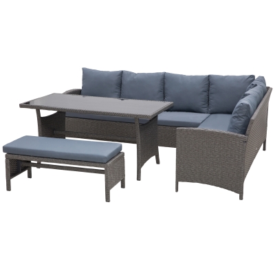Outsunny 4 Pieces Patio Wicker Sofa Set, Outdoor PE Rattan Modern Furniture Set with Cushions & Dining Table, Bench for Garden, Backyard, Lawn, Grey