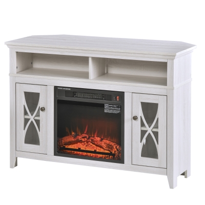 HOMCOM 2-IN-1 Wood Corner TV Stand with Media Center Console and Electric Fireplace, LED Log Flame, Fits 55'' TV - White