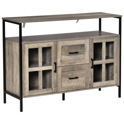 HOMCOM Rustic Kitchen Sideboard, Serving Buffet Storage Cabinet with Adjustable Shelves, Glass Doors, and 2 Drawers for Living Room, Grey
