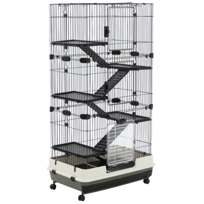 PawHut 57" H 6-Level Indoor Small Animal Cage Rabbit Hutch with Wheels - Black