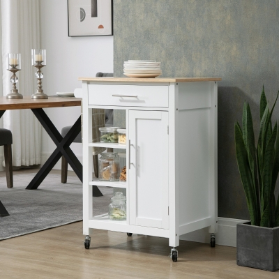 HOMCOM Kitchen Island, Compact Kitchen Cart on Wheels with Open Shelf & Storage Drawer for Dining Room, Kitchen, White