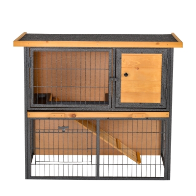 PawHut Outdoor Rabbit Cage Elevated Pet House w/ Slide-Out Tray, Natural Wood & Black