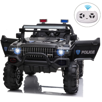 Aosom 12V Ride On Car 2-Seat Police Truck w/ Remote Control, 3 Speeds, LED Light Bar, Audio Input - Black