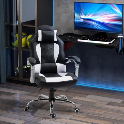 HOMCOM High Back Office Chair, Executive Racing Gaming Chair, Adjustable Recliner with Removable Headrest Pillow for Home, Office, White and Black