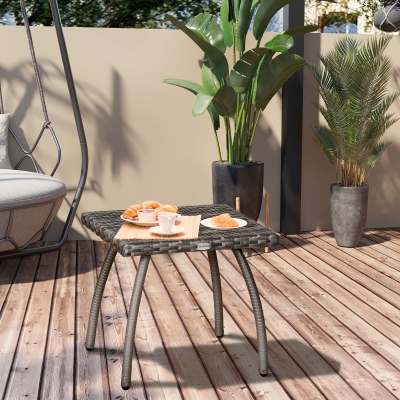 Outsunny 18" Rattan Wicker Side Table, End Coffee Table with All-Weather Material for Outdoor, Garden, Balcony, Backyard, Grey