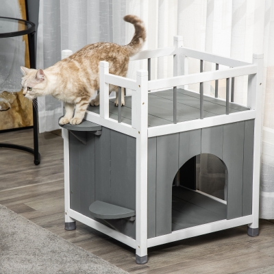 PawHut 2-Story Cat House Wooden Condo for Feral Cats Kitten Shelter with Balcony, Jump Steps, Multiple Entrances, Grey