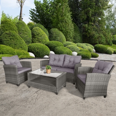 Outsunny 4 Pieces Patio Furniture Sets Rattan Wicker Rattan Chair w/ Table Conversation Set with Cushion for Backyard Porch Garden Poolside and Deck, Charcoal Grey