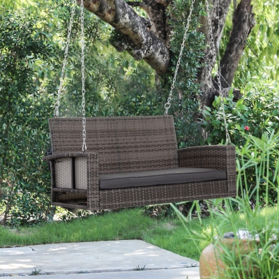 Outsunny 2-person Outdoor Wicker Porch Swing Chair Garden Rattan Hanging Bench with Cushion Yard Double Hammock Sun Lounge Seat, Grey