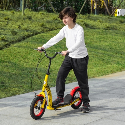 Aosom Kids Kick Scooter Adjustable Height, Front Rear Dual Brakes, 12-Inch Inflatable Rubber Wheels, for 5+ Years, Yellow