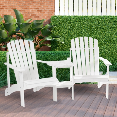 Outsunny 2 piece Pair Adirondack Chair Outdoor Patio Porch Tete-A-Tete Bench w/ Middle Table Reclined Wooden Umbrella Hole White
