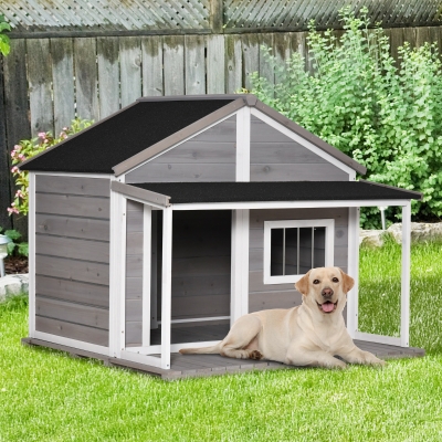 PawHut Outdoor Dog House Cabin Style, Wooden Raised Pet Kennel with Asphalt Roof, Front Door, Side Windows, Deck for Medium/Large Dogs, 53 Lbs, Grey