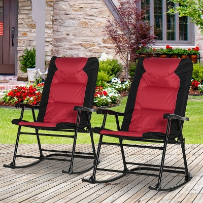 Outsunny Folding Rocking Chair Set Pack of 2 Padded Rockers with Armrest, Red/Black