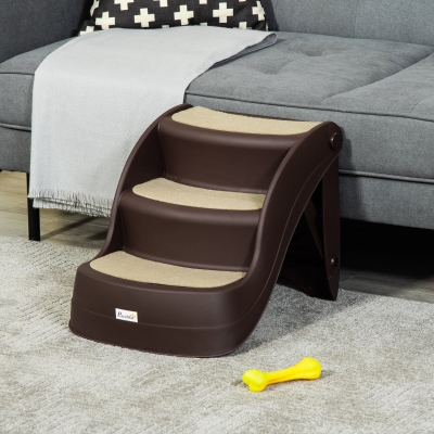 PawHut Portable Pet Stairs Foldable Steps for Small Dogs and Cats 3-Step with Non-slip Treads for High Beds Sofas, Brown