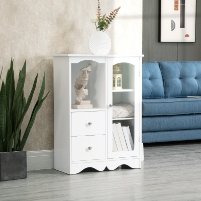 HOMCOM Storage Cabinet, Floor Standing Accent Cabinet with Glass Door & Drawers for Living Room, White