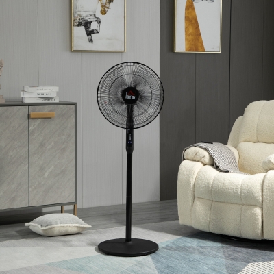 HOMCOM Floor Standing Fan with Remote Control, Oscillating, LED Screen, Stand Up Cooling Fan, Tall Pedestal Electric Fan for Bedroom, Black