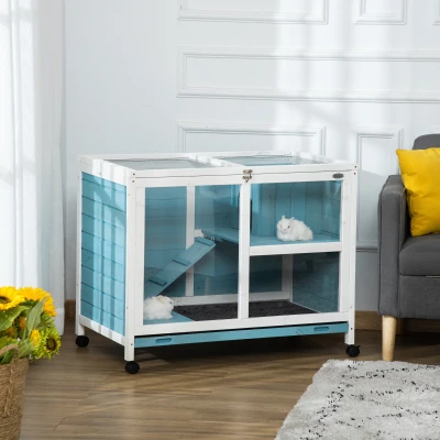PawHut Fir Wood Rabbit Hutch with Run Area, Blue