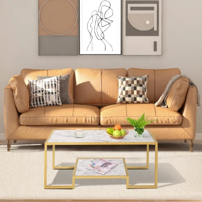 HOMCOM Art Deco Coffee Table, White & Gold with Storage Shelf