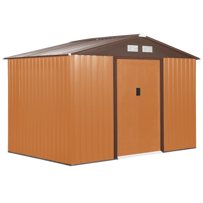 Outsunny 9' x 6.5' x 6.5' Outdoor Backyard Garden Tool Shed with Double Sliding Doors, 4 Air Vents, and Steel Frame, Brown