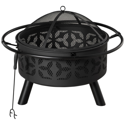 Outsunny 31-Inch Steel Fire Pit, Outdoor Large Wood Burning Fire Bowl w/Screen Cover, Poker