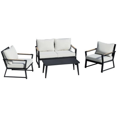 Outsunny 4 PC Aluminum Garden Sofa Set Widened Seat, Coffee Table & Cushions, Cream
