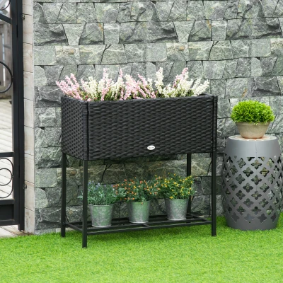 Outsunny PE Rattan Wicker Raised Planter with Rack Shelf