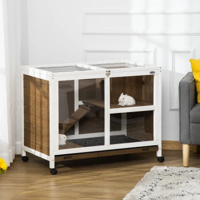PawHut Fir Wood Rabbit Hutch with Living Room & Run Area