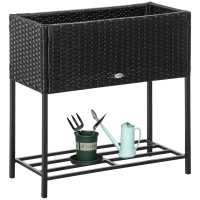 Outsunny PE Rattan Wicker Raised Flower & Vegetable Planter, Rack Shelf Box