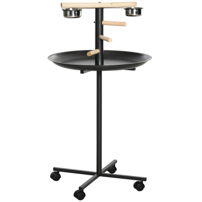 PawHut Bird Play Stand Portable Feeder Station, w/ Wood Perch, Stainless Steel Bowls
