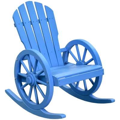 Outsunny Rustic Wood Adirondack Rocking Patio Chair w/ Slatted Design, Wheel Armrests, Blue
