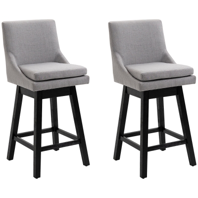 HOMCOM 28" Upholstered Swivel Bar Height Rubber Wood Base Barstool Dining Chairs, Light Grey