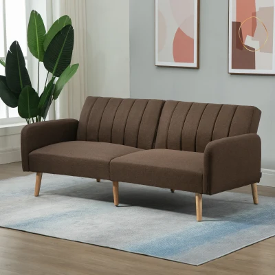 HOMCOM Two Seater Sofa Bed, Convertible Linen Loveseat, Brown