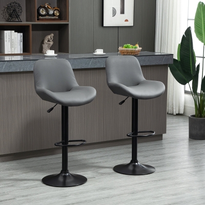 HOMCOM PU Leather Bar Stools Set of 2, Adjustable Height Swivel Bar Chairs with Footrest for Home Pub Area, Grey