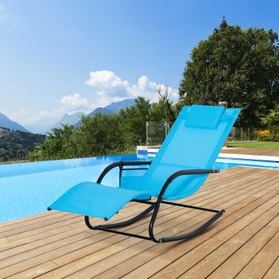 Outsunny Outdoor Rocking Recliner, Sling Sun Lounger with Removable Headrest and Side Pocket for Garden, Patio and Deck, Dark Blue