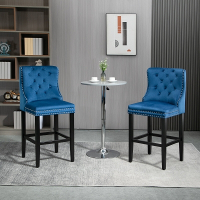 HOMCOM Upholstered Fabric Bar Stool Set of 2, Button Tufted 29.5" Seat Height Pub Chairs with Back & Wood Legs, Blue