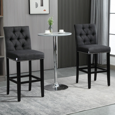 HOMCOM Fabric Bar Stool Set of 2, Tall 29.5" Seat Height Bar Chairs with Tufted Back & Wood Legs, Dark Grey