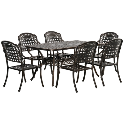Outsunny 7-Piece Outdoor Patio Dining Furniture Set w/ 6 Armchairs, Umbrella Hole, Bronze