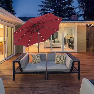 Outsunny ⌀9’ x 8’H Solar Patio Umbrella Tilt Outdoor LED Lights Parasol Outdoor Garden Market Umbrella (Wine Red)