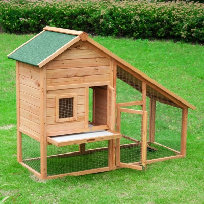 PawHut 58x25x47 Inches Rabbit Hutch Chicken Coop Wooden Poultry Hen House Small Animal Pet Cage with Outdoor Run and Ramp