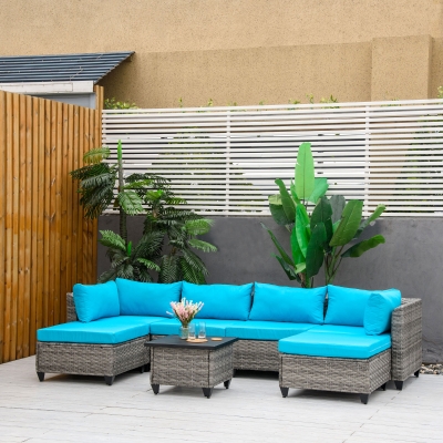Outsunny 7 Pieces Patio Wicker Corner Sofa Set, Outdoor PE Rattan Sectional Conversation Furniture Set w/ Iron Plate Table-top & Extra Thick Padded Cushions for Garden, Backyard, Light Blue