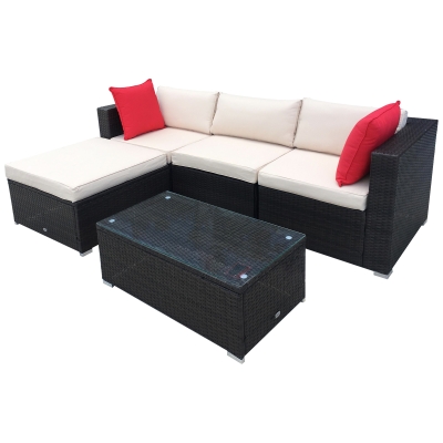 Outsunny 5 Piece Patio Wicker Furniture Set, Outdoor Sectional Sofa Set Rattan Conversation Sets with Tempered Glass Tabletop Coffee Table and Ottoman for Garden, Balcony, Backyard, Brown/Beige