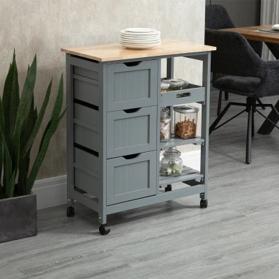 HOMCOM Compact Bar Cart with Wood Top & Drawers, Grey