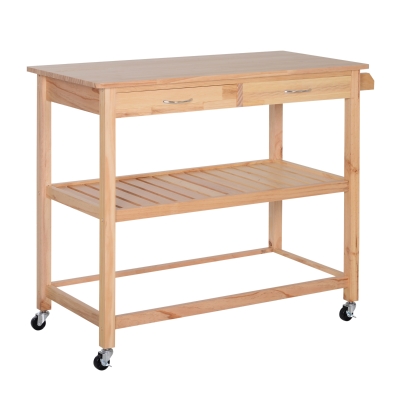 HomCom 42" Natural Wooden 3 Tier Kitchen Rolling Cart Workbench with Storage