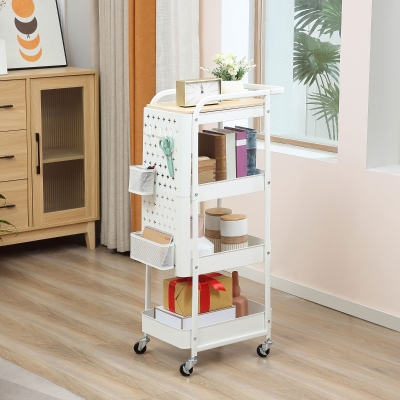 HOMCOM 4-Tier Rolling Metal Storage Cart, Utility Serving Cart with DIY Steel Pegboards & Lid for Kitchen, Home Office, White