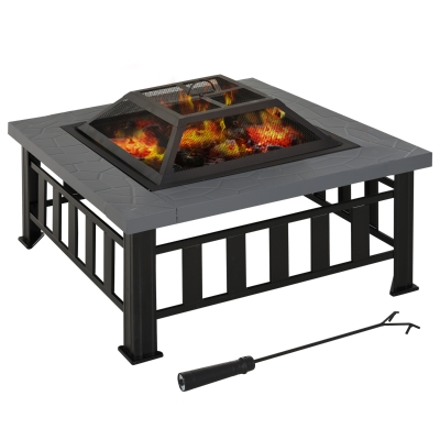 Outsunny 34" Outdoor Fire Pit Square Steel Wood Burning Firepit Bowl with Spark Screen, Waterproof Cover, Log Grate, Poker for Backyard, Camping, BBQ, Bonfire