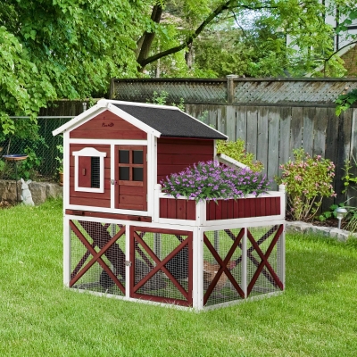 PawHut 44" Chicken Coop, Wooden Hen Run House, Rabbit Hutch with Nesting Box, Removable Tray, Asphalt Roof, Planting Lattice, Red