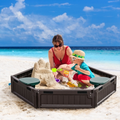 Outsunny Kids Sandbox with Cover Children Sandpit DIY Design Play Station Outdoor Backyard Includes 3 Seats, Bottom Liner, for 3-12 Years Old