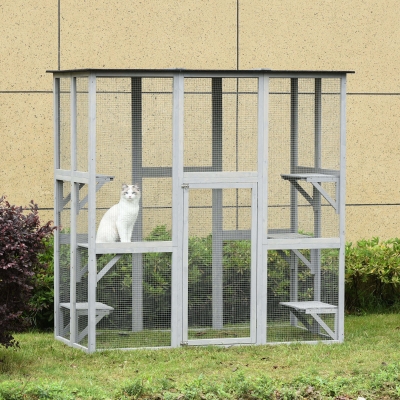 PawHut Large Outdoor Catio Enclosure, Wooden Cat Patio with 6 Balanced Platforms and Asphalt Roof, 71" x 38.5" x 71", Grey